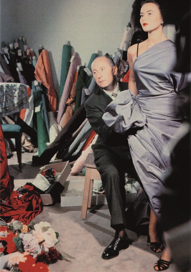 Christian Dior with model Sylvie, circa 1948. Cour
