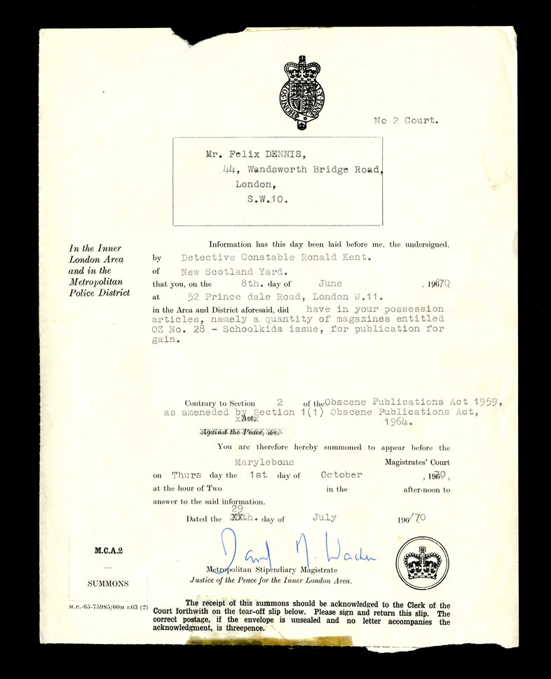 Felix Dennis court summons regarding Oz #28 - Scho