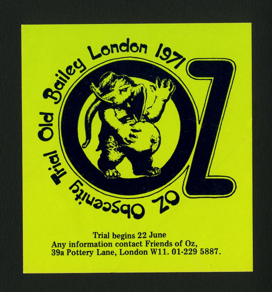 Campaign sticker for the Oz Obscenity Trial at the